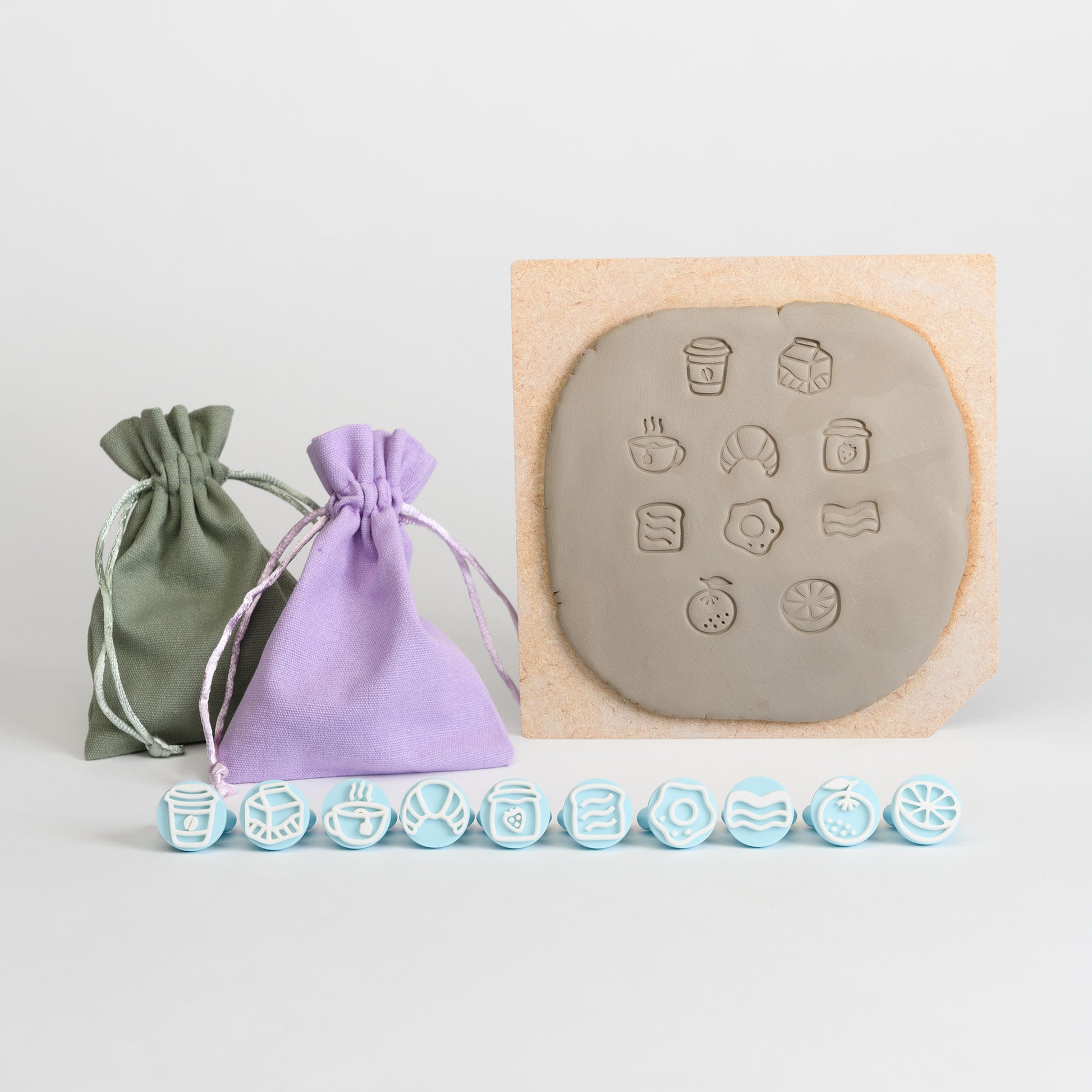 Breakfast clay stamps with cotton pouch